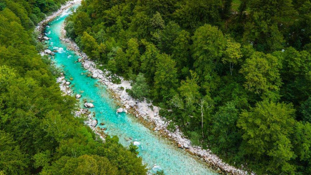Zračni pogled na smaragdno reko Sočo, ki teče skozi zelen gozd v dolini pri Bovcu